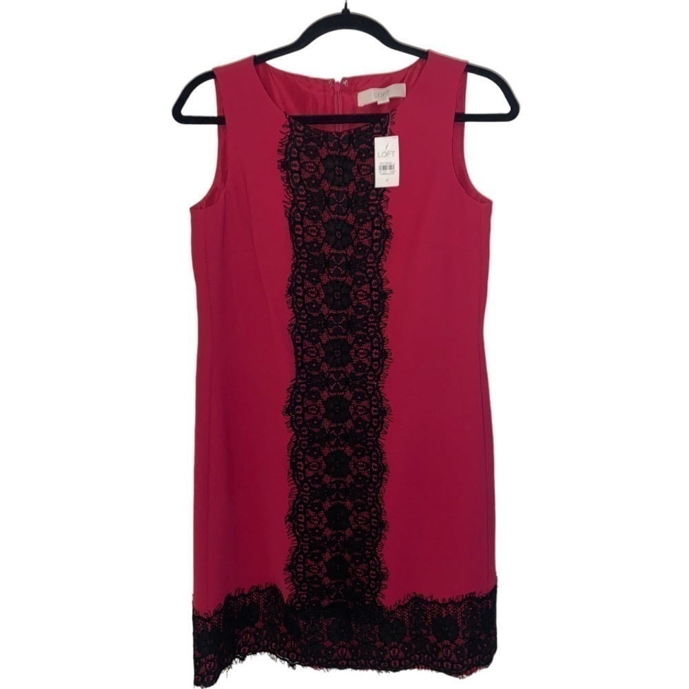 NWT Ann Taylor Loft Sleeveless Hot Pink Black Lace Sheath Shift Cocktail Dress
